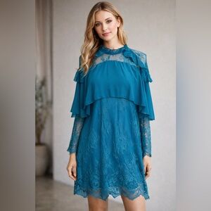 Umgee USA Teal Lace Overlay Tunic Dress Boho Romantic Sheer Yoke Medium